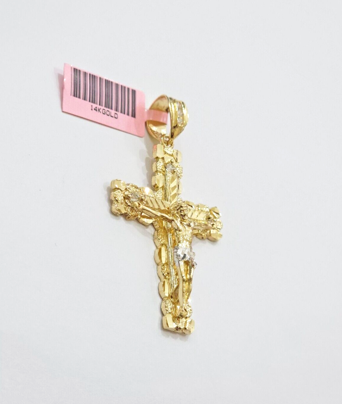 14k Yellow Gold Cross Nugget Pendant Jesus Crucifix 2 Inch 14kt Charm Men's REAL
