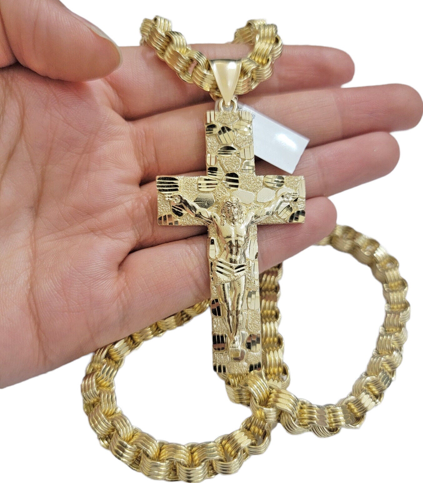 Real 10k Yellow Gold  Byzantine Chain Nugget Cross Charm Pendant Necklace SETS