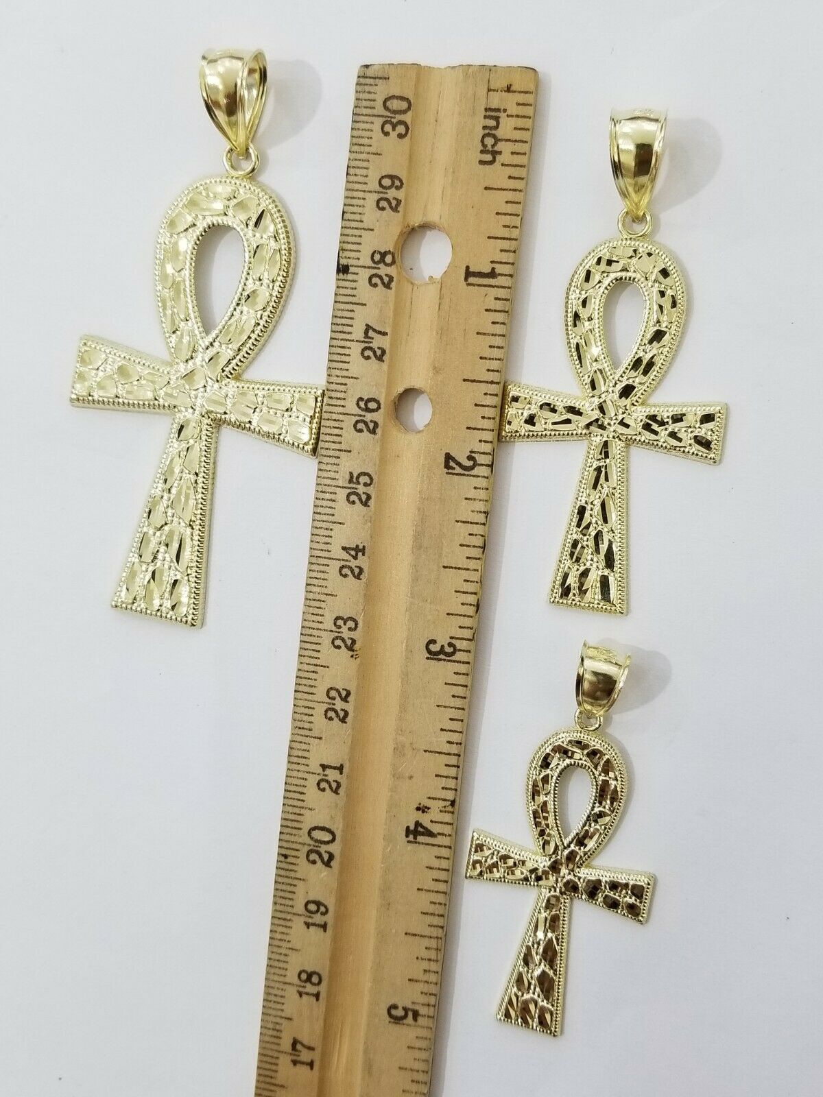 Real Gold Ankh Cross Charm Pendant 10k Yellow Gold Nugget Diamond Cuts Men Women