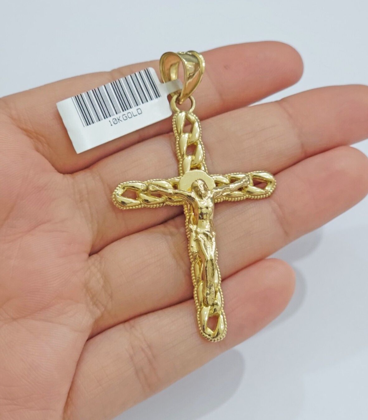 10K Yellow Gold Cross Pendant Mens Jesus Crucifix Charm 2.5 Inch For Thick Chain
