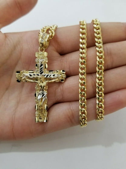 10k Yellow Gold Link Chain Pendant 5mm 18"-28" Miami Cuban Necklace Cross Charm