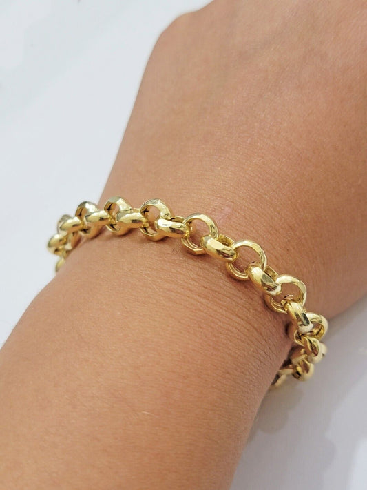 Real 10k Bracelet Rolo 8mm Circle Link 9" Inch Long Men &  Women 10K Yellow Gold