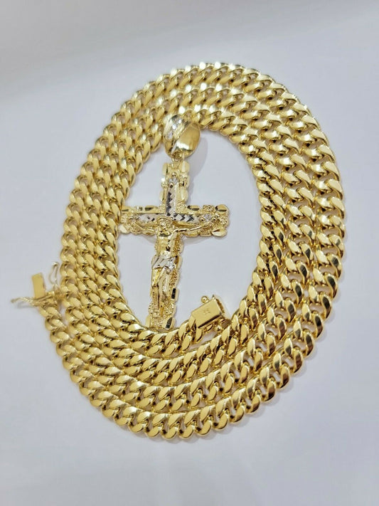 Real 10k Gold Chain Cross SET Miami Cuban Link Necklace 6mm 24" 26" 28" Crucifix