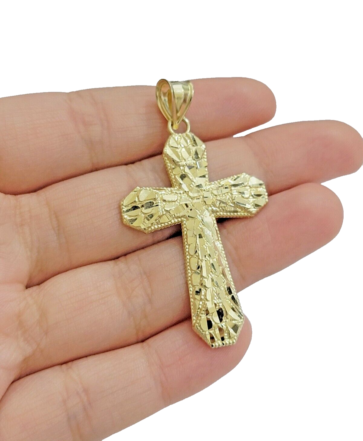 Real 10k Gold Cross Charm pendant Nugget Plain 2 Inch 10Kt Yellow Gold FOR SALE