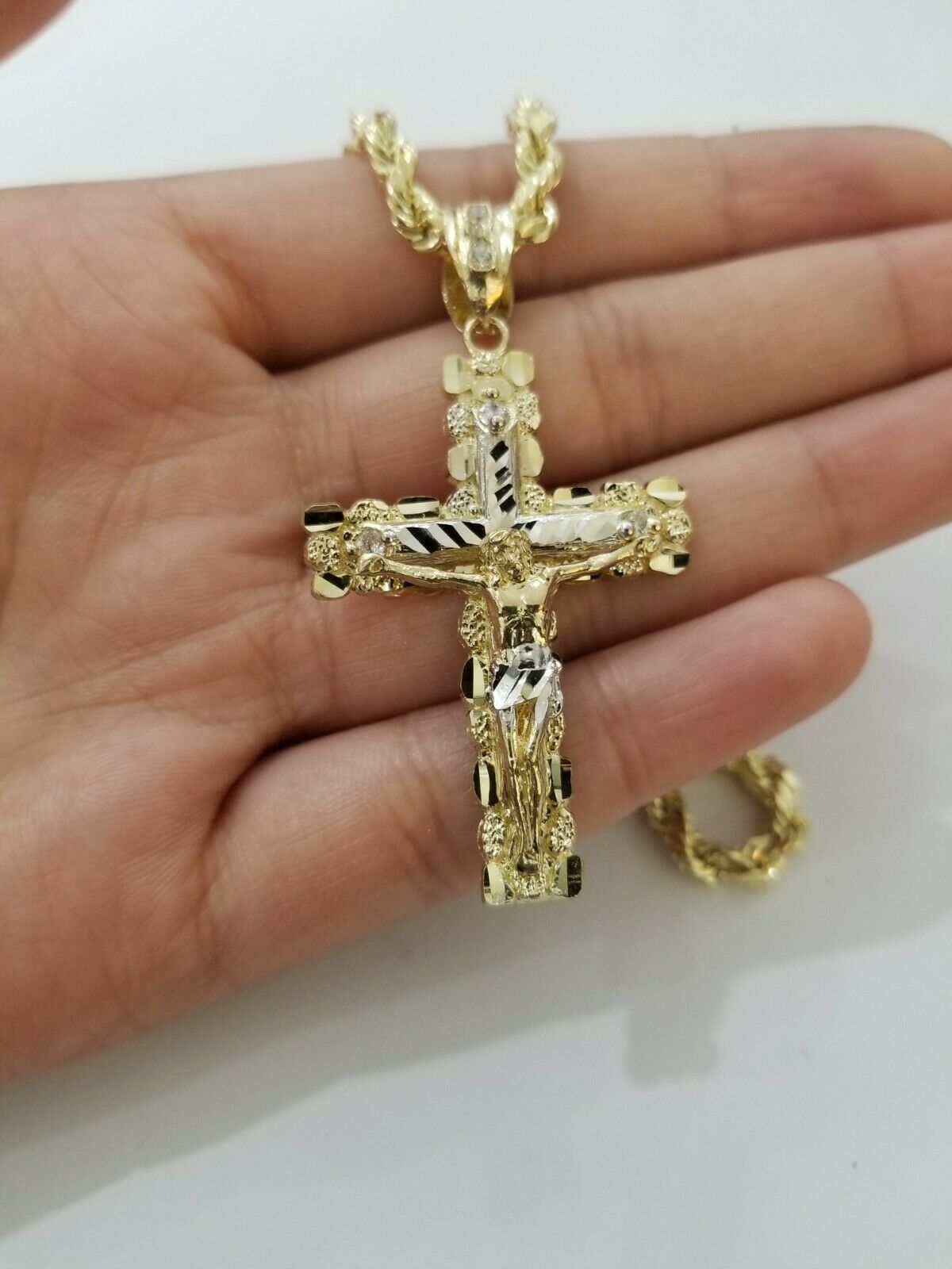 10k Yellow Gold Rope Chain With Cross Charm Pendant Set REAL 10KT 4mm Necklace