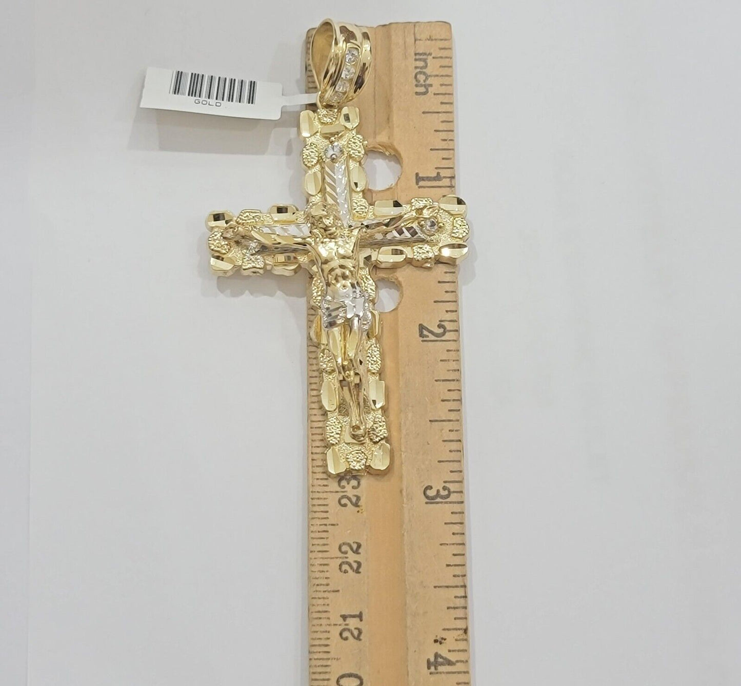 Real 14kt Gold Cross Charm Pendant Jesus Crucifix 3" Yellow Gold For Men's Chain