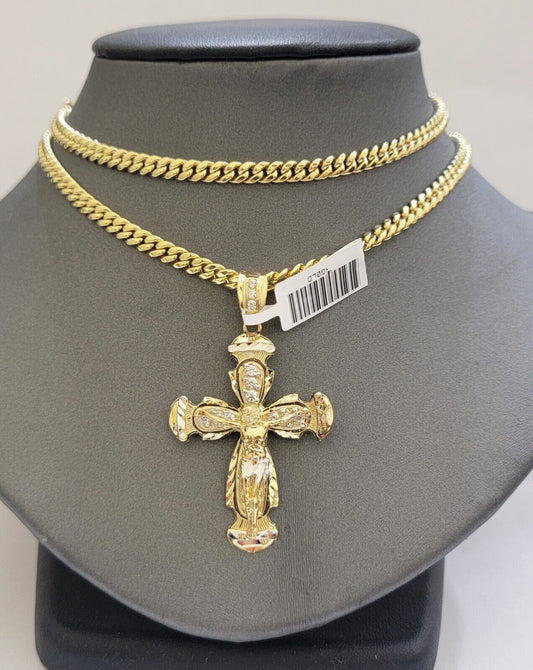 Real 10k Gold Chain & cross charm pendant SET Miami Cuban link necklace 5 mm 22"