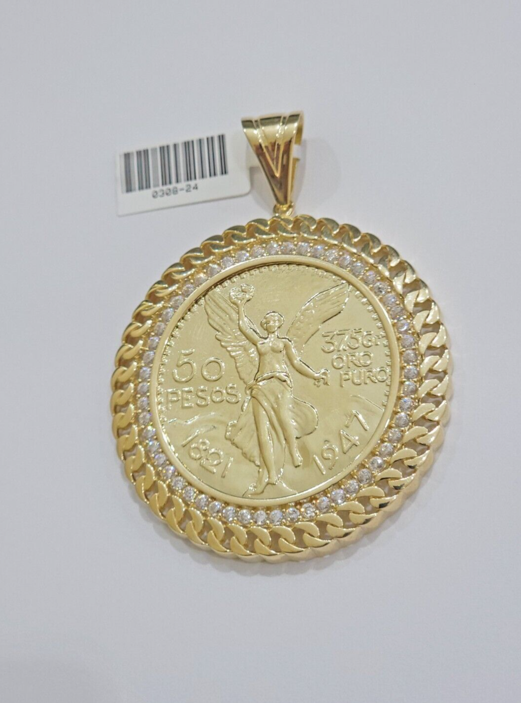 1947 Mexican Centenario Coin Charm Pendant Replica 50 Pesos With Bezel 10kt Gold