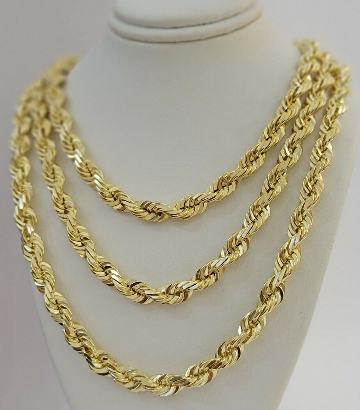 Real 14k Gold Rope chain Necklace 7mm Solid Link 14kt Yellow Gold Diamond Cuts