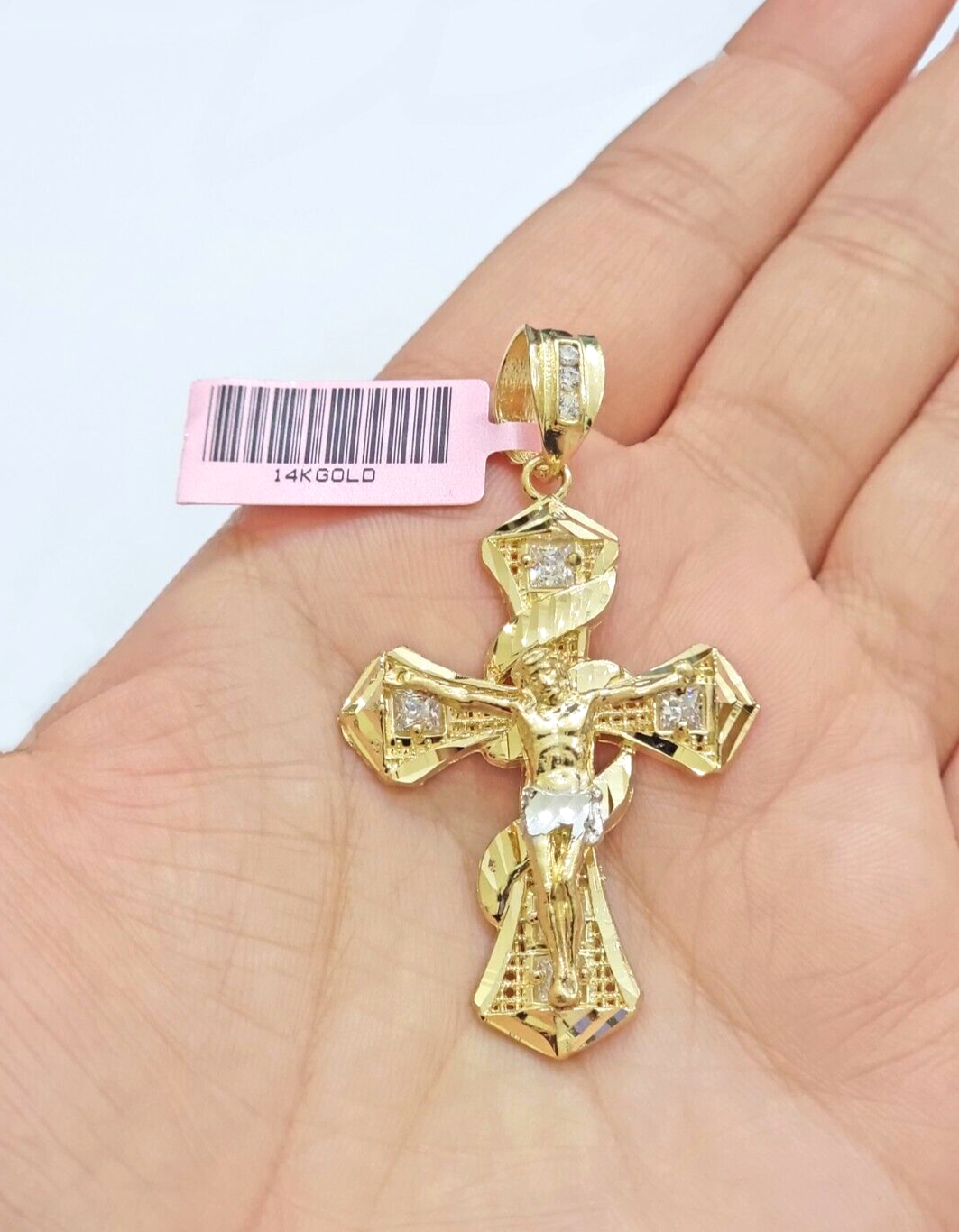 14k Yellow Gold Cross Charm Jesus Pendant 2 Inch CZ Crucifix For Chain 14kt SALE
