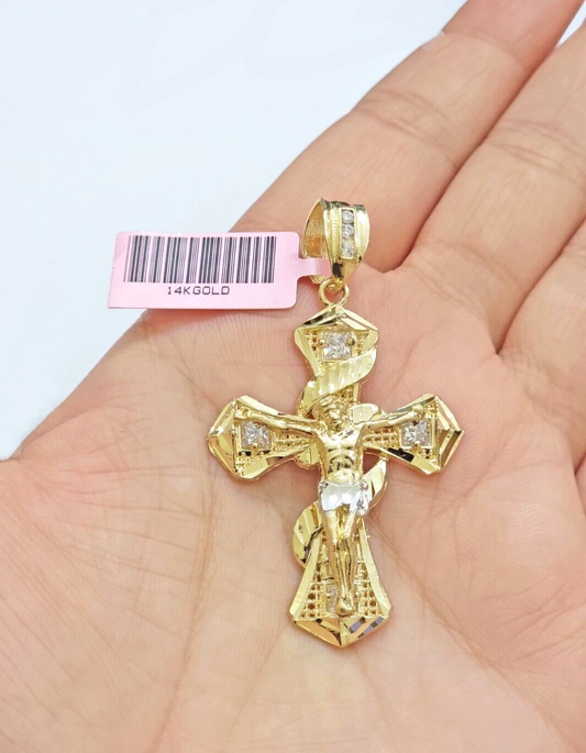 14k Yellow Gold Cross Charm Jesus Pendant 2 Inch CZ Crucifix For Chain 14kt SALE
