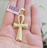 Real 14k Yellow Gold Ankh charm pendant 1.75 Inch Diamond Cuts Charm for Chains