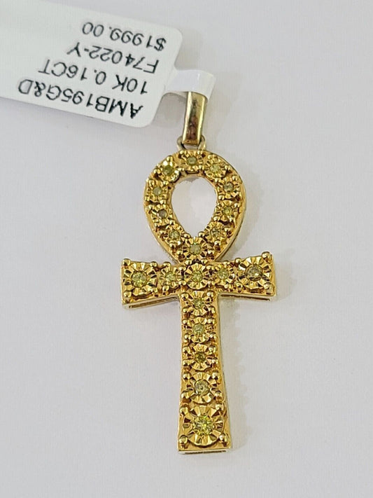 Ankh Cross Charm Pendant REAL 10k Yellow Gold Genuine Natural Diamond Men Women