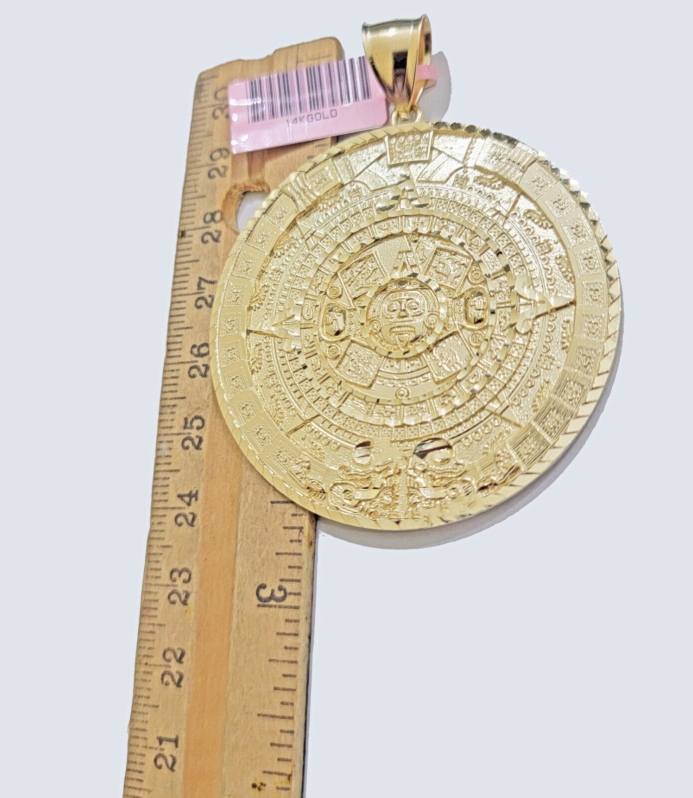 SOLID Real 14kt Yellow Gold Pendant Aztec Mayan Calendar 2.5" Men's Round Charm