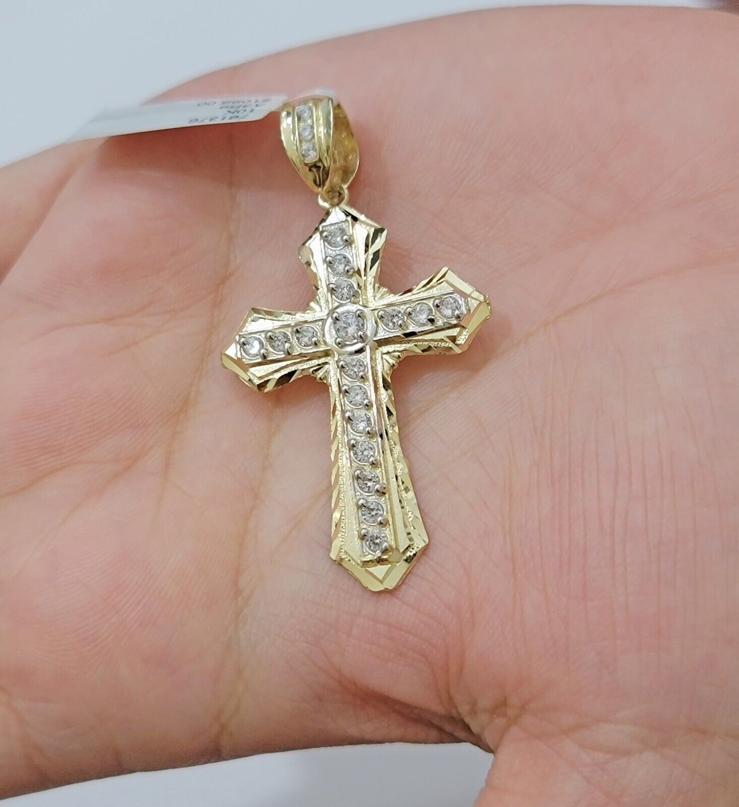 10k Yellow Gold Cross Charm pendant 2" Inch With Cubic Zirconia For Sale