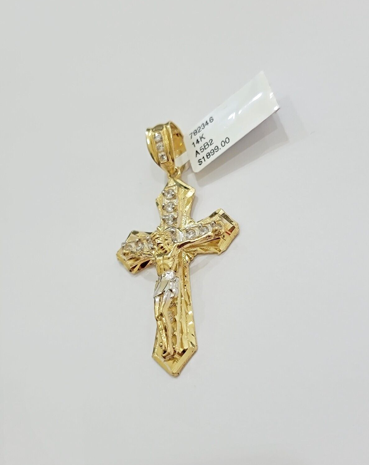 14k Yellow Gold Cross Jesus Crucifix Pendant 2 Inch 14kt CZ Charm Mens REAL 14kt
