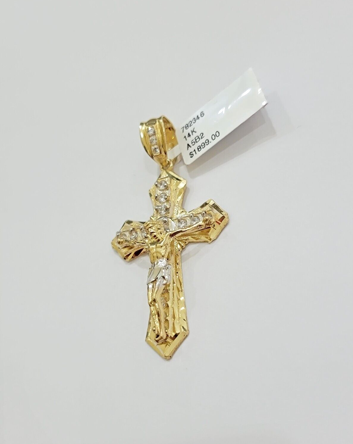 14k Yellow Gold Cross Jesus Crucifix Pendant 2 Inch 14kt CZ Charm Mens REAL 14kt
