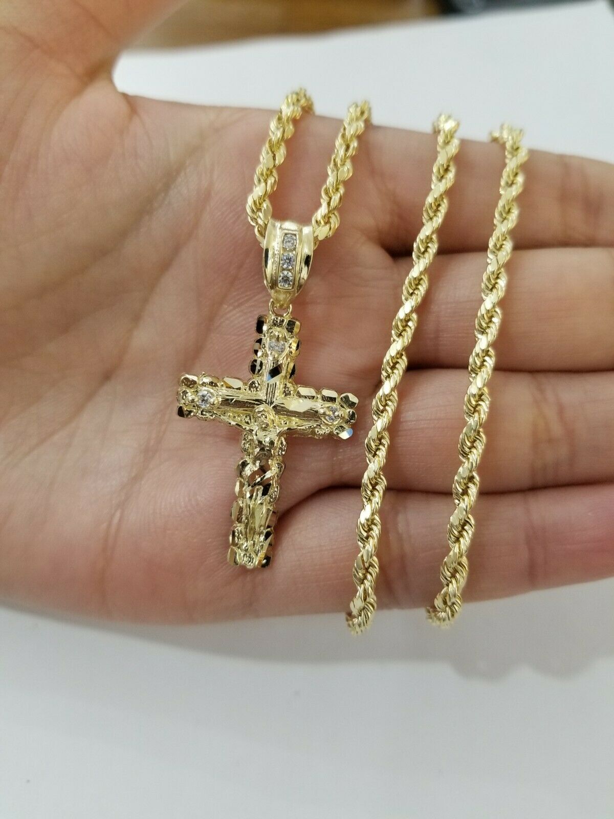 Real 10k Rope Chain And Cross Charm Pendant 3mm Necklace Jesus Cross Set 16"-28"