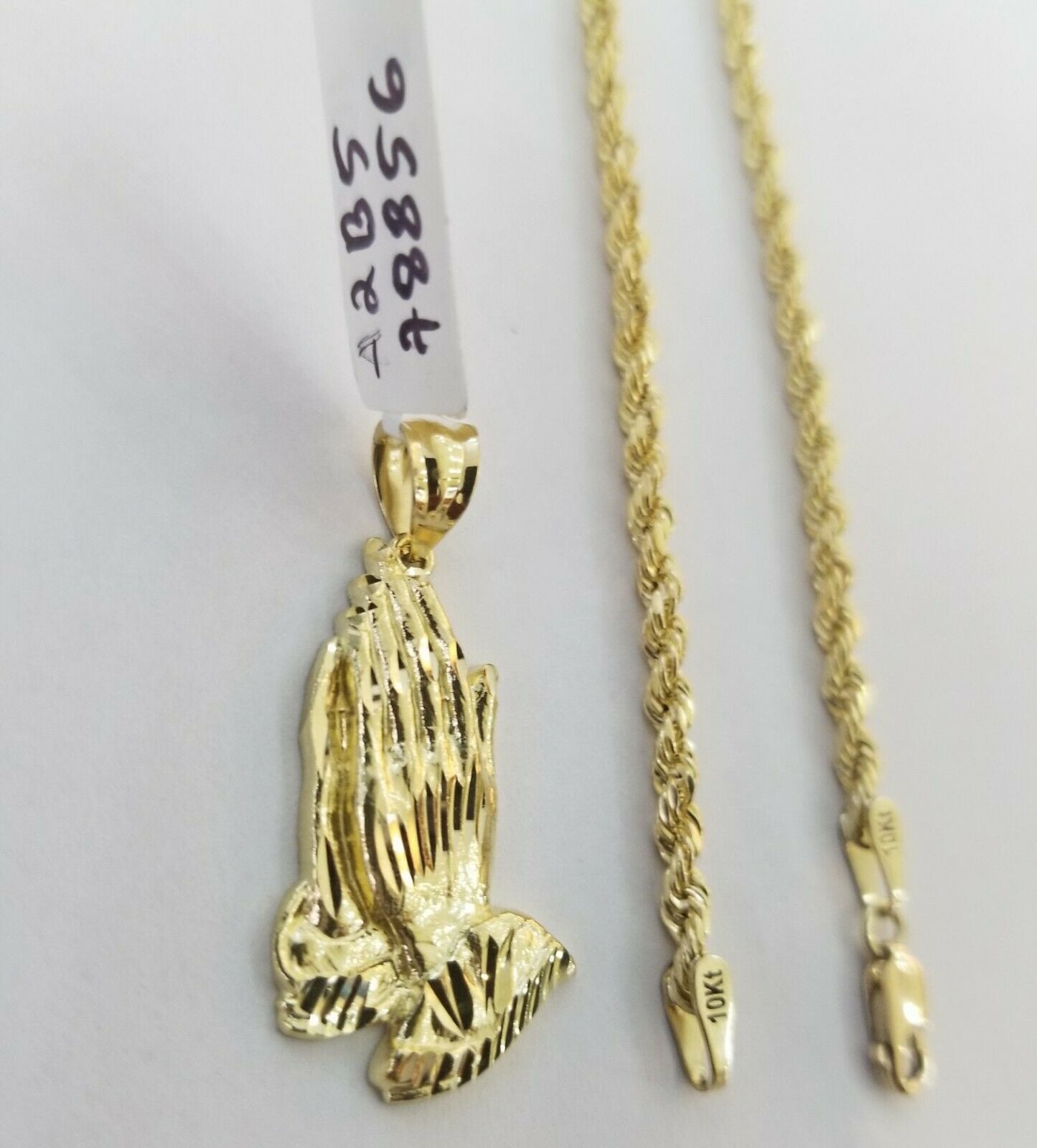 Real 10k Yellow Gold Chain & Charm Praying hand pendant with 24" 3mm Rope Chain