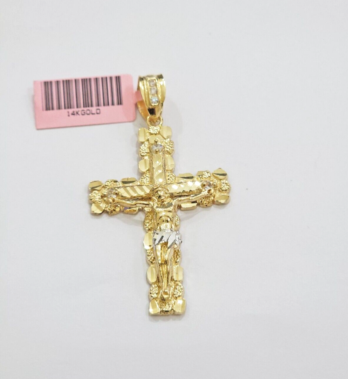 14k Yellow Gold Cross Nugget Pendant Jesus Crucifix 2 Inch 14kt Charm Men's REAL
