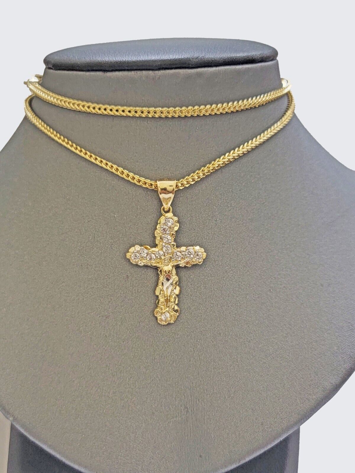 Real 10k Gold Cross Charm pendant & Franco Chain Necklace 2.5mm 18" Men Women