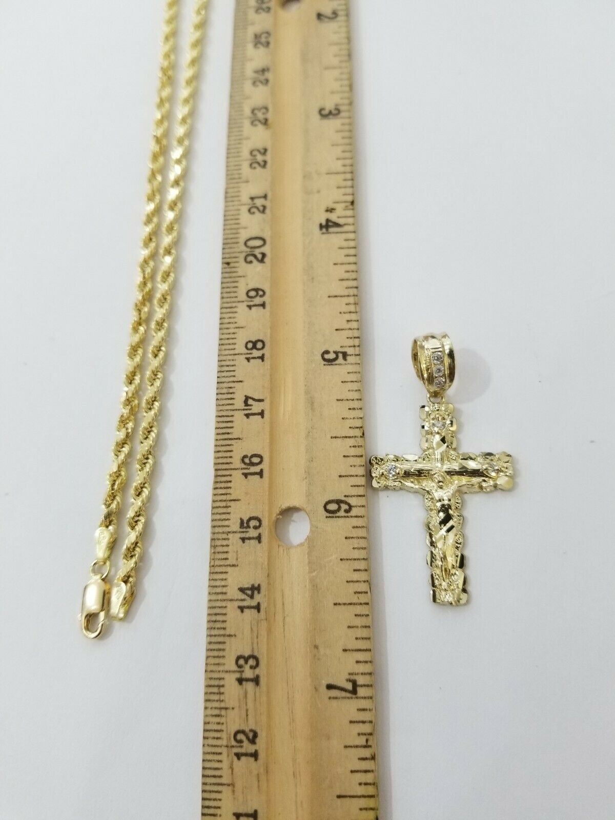 Real 10k Rope Chain And Cross Charm Pendant 3mm Necklace Jesus Cross Set 16"-28"