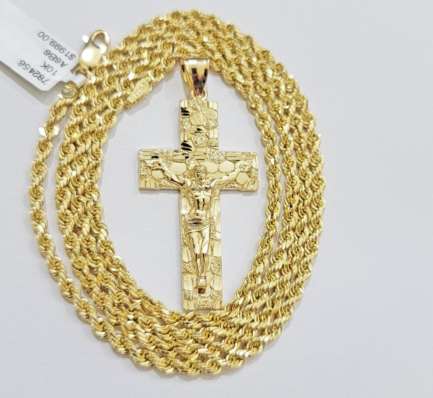 10k Yellow Gold Rope Chain Nugget Cross Charm Set 20 Inch necklace pendant, REAL