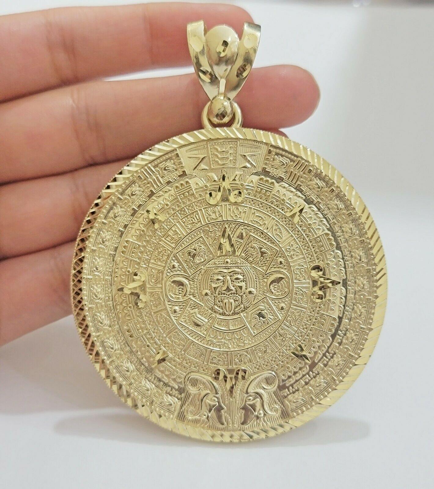 SOLID Real 10kt Yellow Gold Pendant Aztec Mayan Calendar 3" Men Charm 41-44 Gram