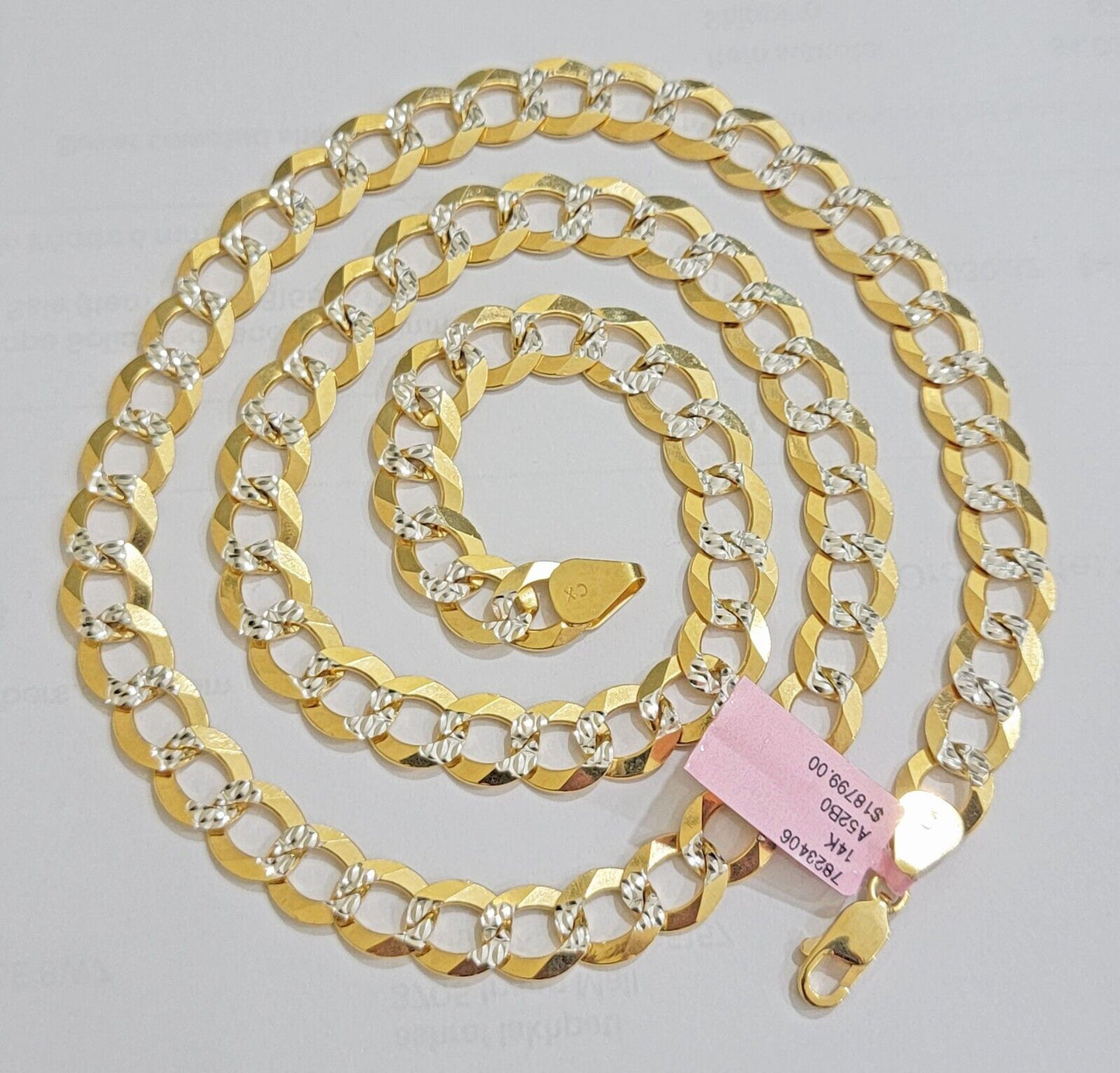 Real 14k Yellow Gold Chain Necklace Two-tone Cuban Curb Link 9.5mm 20 inch SOLID