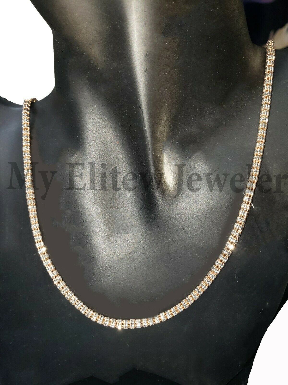 10k Yellow Gold Tennis Chain Necklace 24" 4mm Diamond Cuts Unique Design, Real Gold