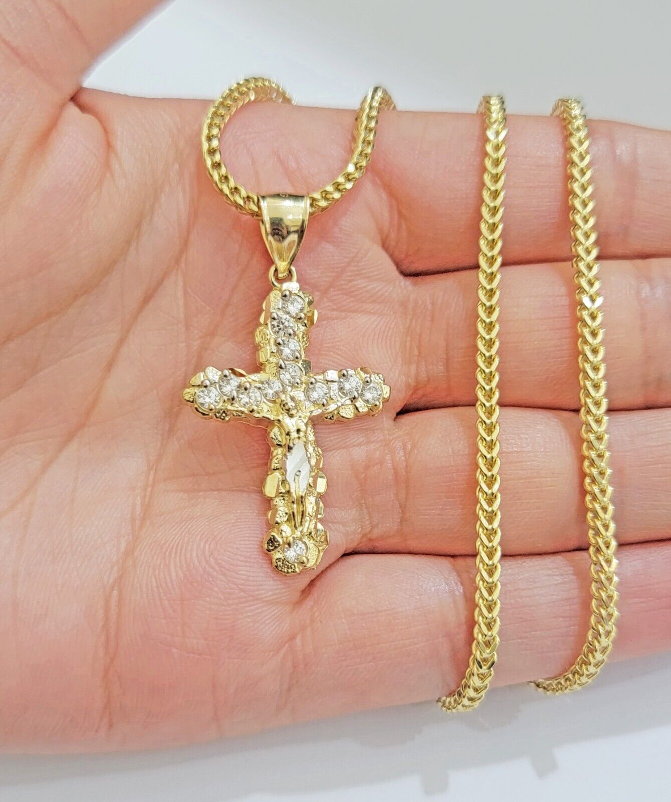 Real 10k Gold Cross Charm pendant & Franco Chain Necklace 2.5mm 22" Men Women