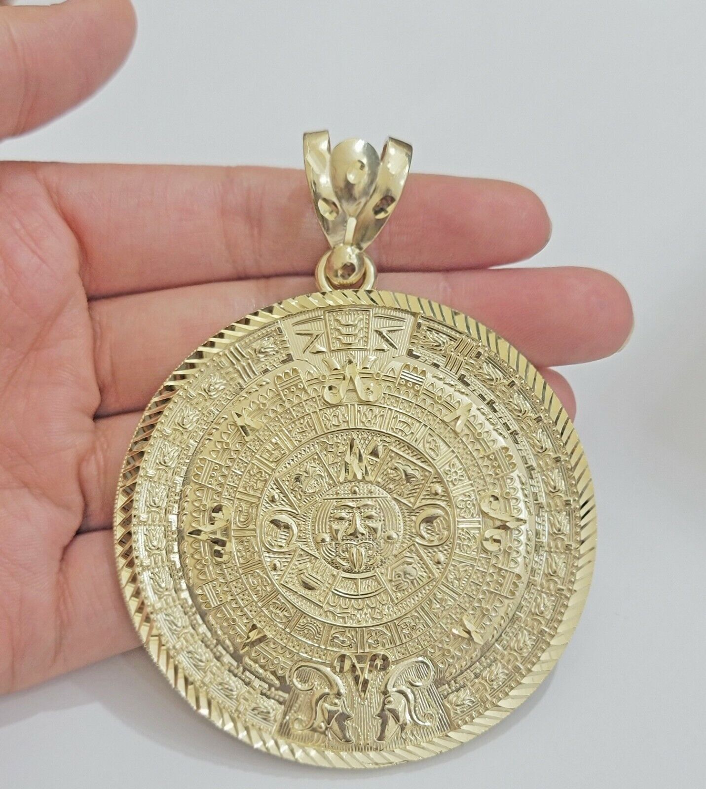 SOLID Real 14kt Yellow Gold Pendant Aztec Mayan Calendar 2.5" Men's Round Charm