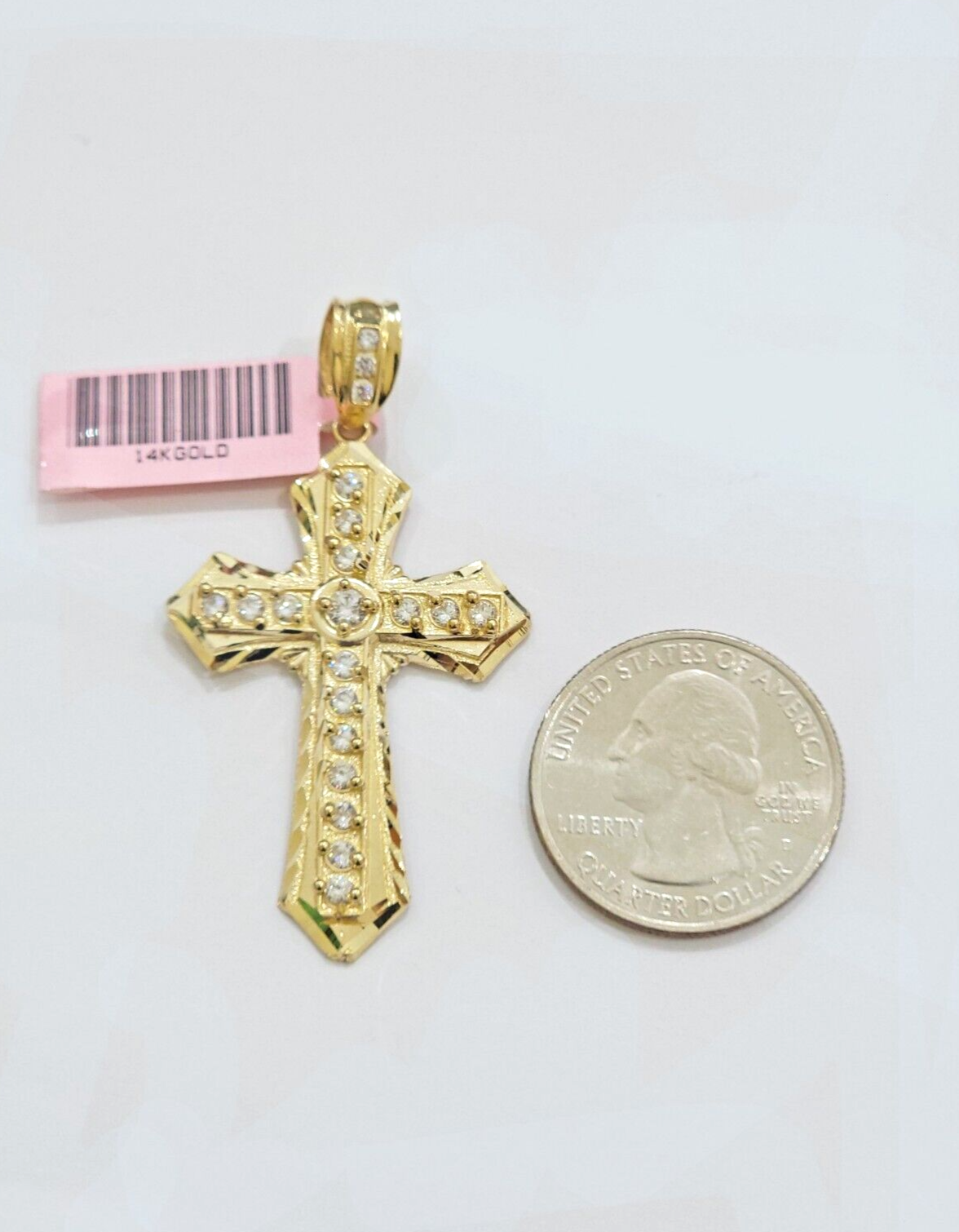 Real 14k Yellow Gold Cross Charm Pendant 2 Inch Diamond Cuts CZ Charm For Chains
