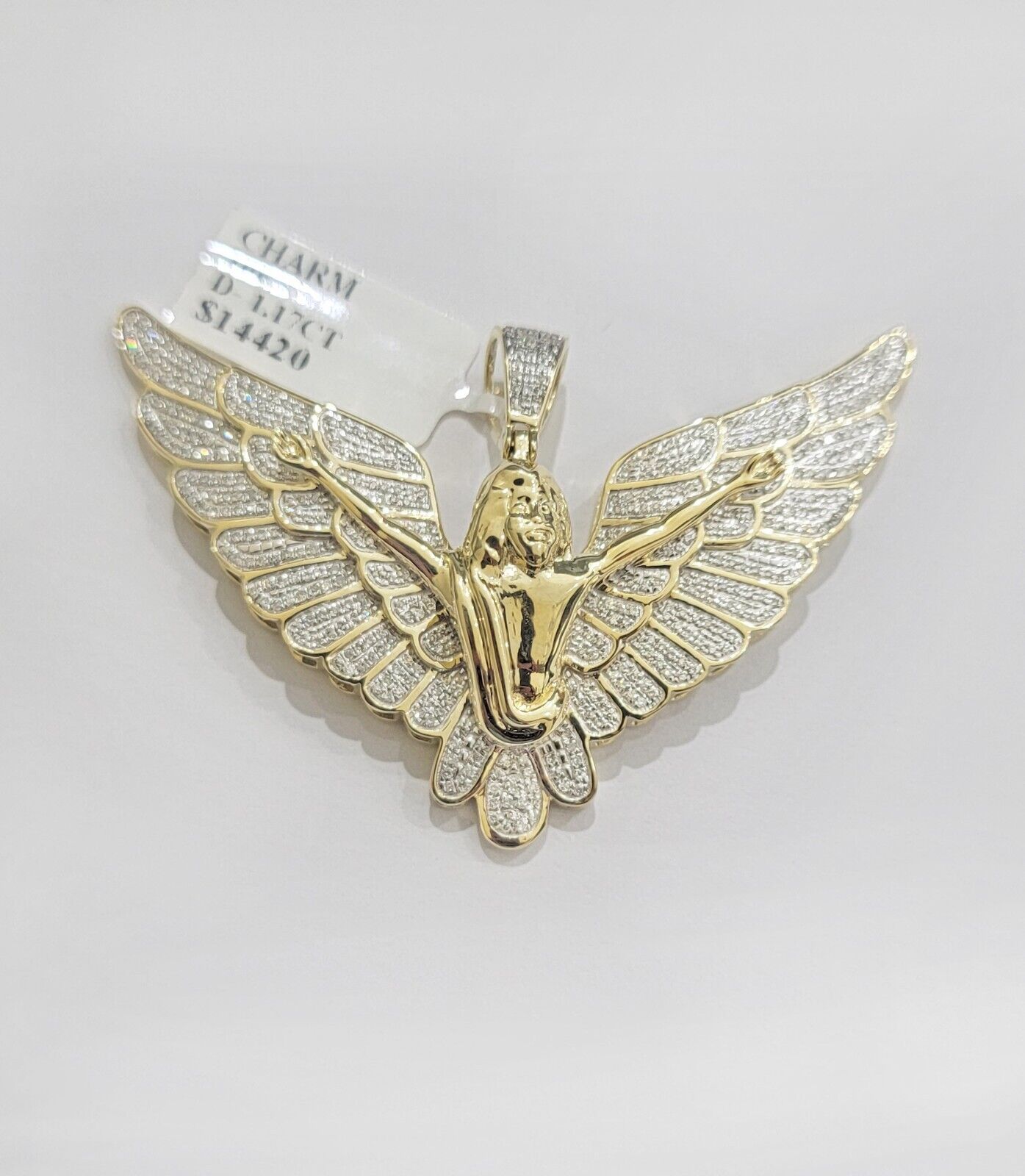 Real Gold Diamond Angel Wing Charm Pendant 10k yellow Gold 1.17 CT Mens 1.5 Inch