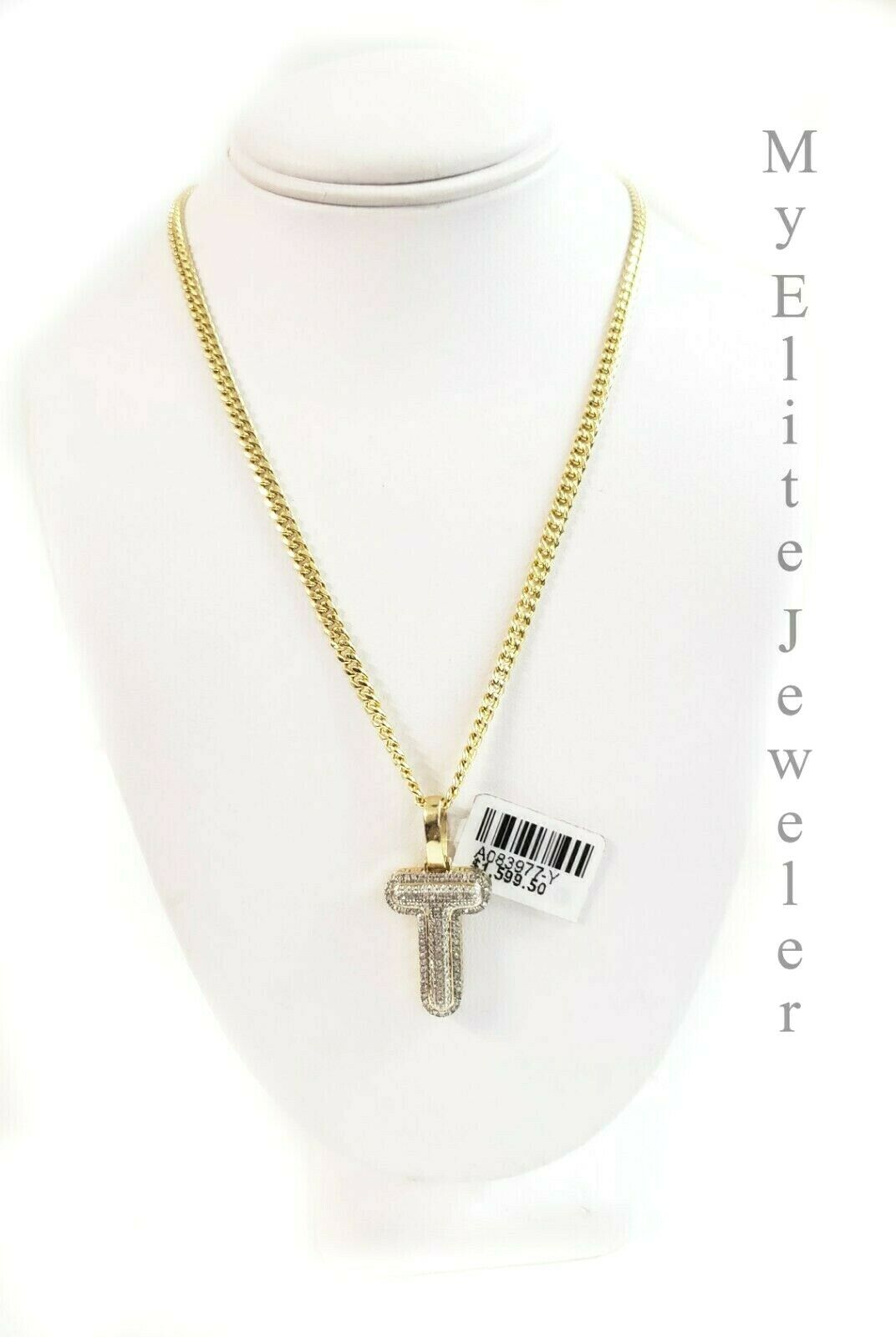 10 K Gold 3mm Chain 0.24 CT Diamond Initial T Charm Alphabet Men's Ladies Letter