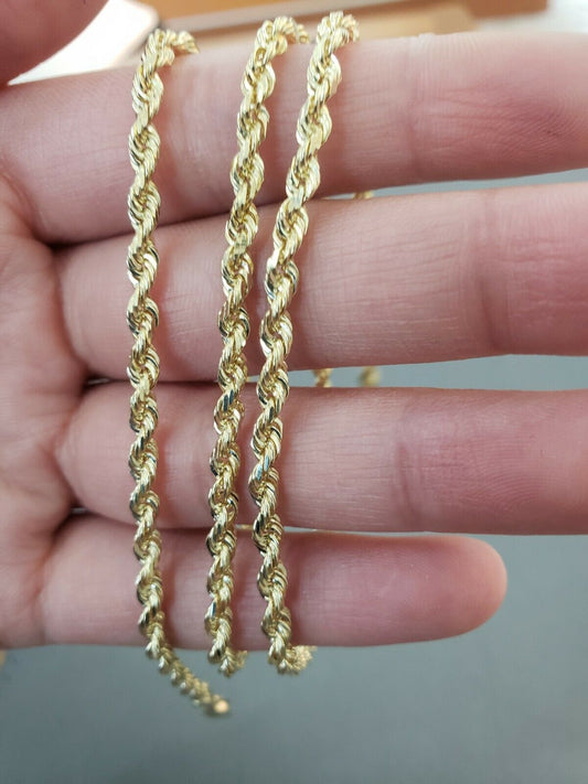 Real 10k Gold Rope chain 3mm 4mm Necklace 10KT yellow Gold 16-30" Diamond Cut