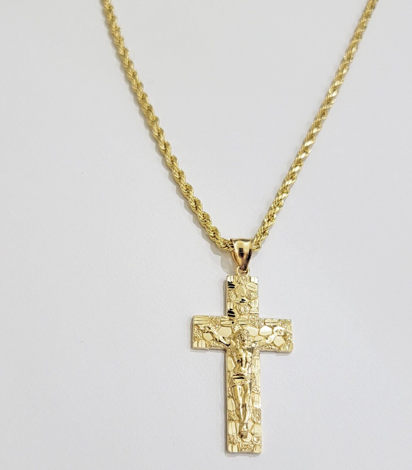 10k Yellow Gold Rope Chain Nugget Cross Charm Set 28 Inch necklace pendant, REAL