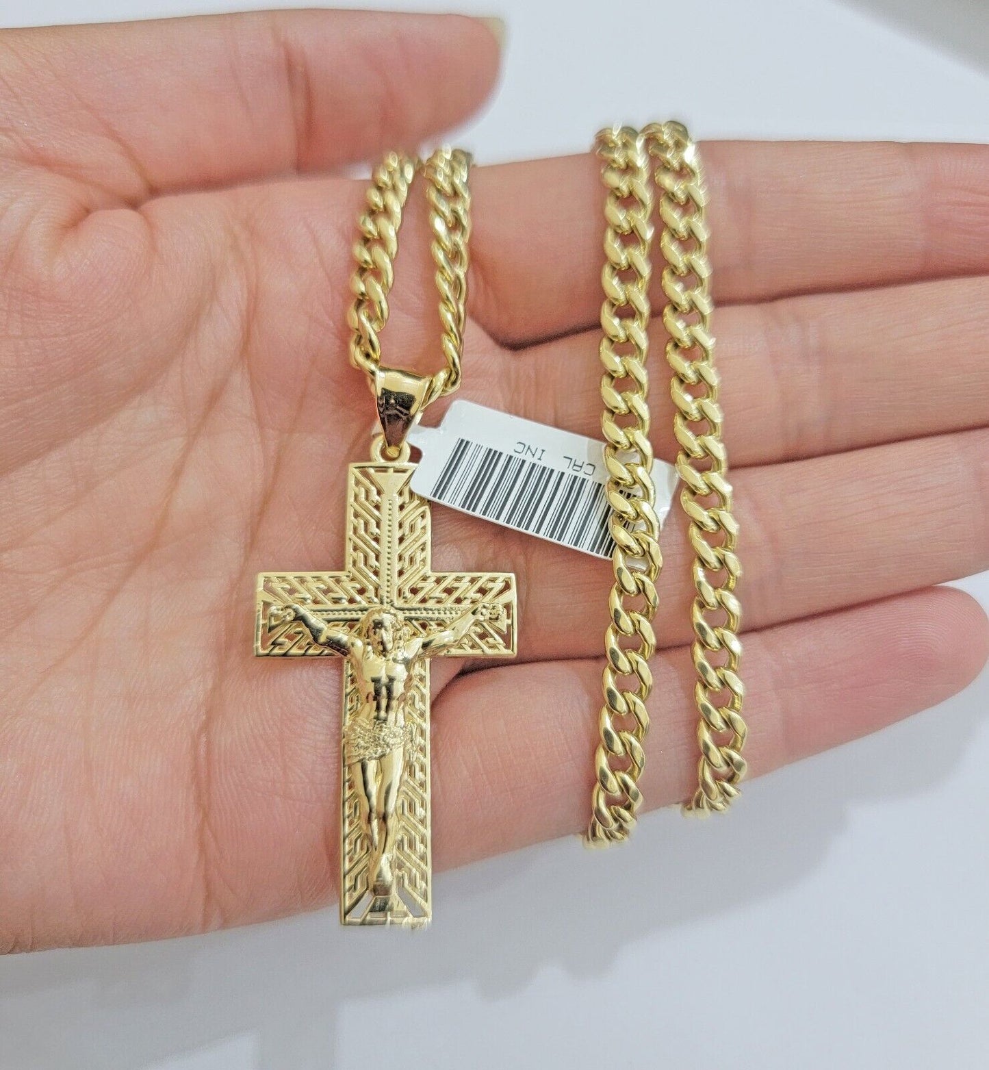 REAL 10k Yellow Gold Chain Cross Pendant Set Miami Cuban link Necklace 5mm 18-28