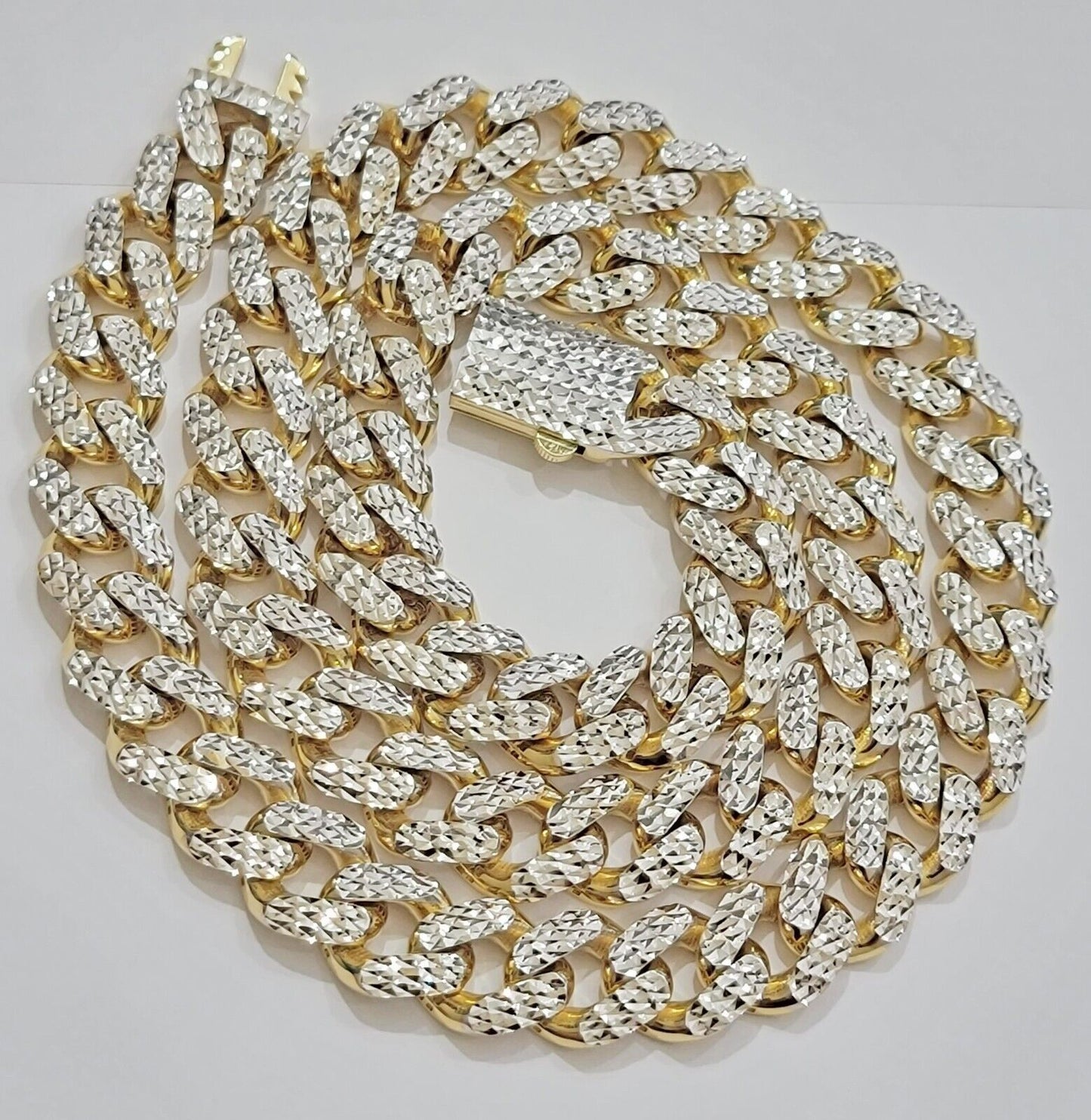 Real 10k Gold Chain Royal Miami Cuban Link Necklace 13mm 26" Rhodium Diamond Cut