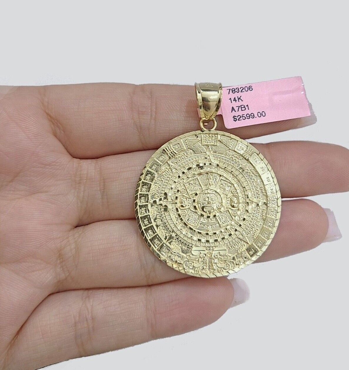 SOLID Real 14k Gold Charm Pendant Aztec Mayan Calendar 2" Men's Round Style 14k