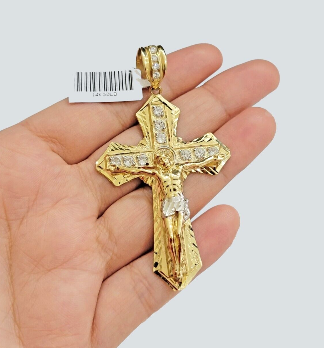 14k Yellow Gold Cross Jesus Crucifix Pendant 3 Inch 14kt CZ Charm Mens REAL 14kt
