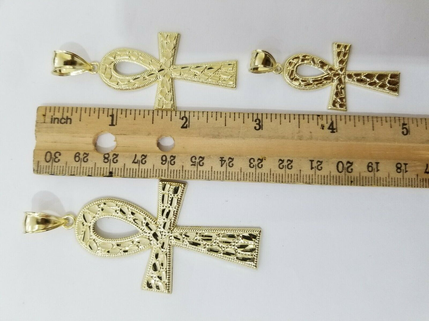 Real Gold Ankh Cross Charm Pendant 10k Yellow Gold Nugget Diamond Cuts Men Women