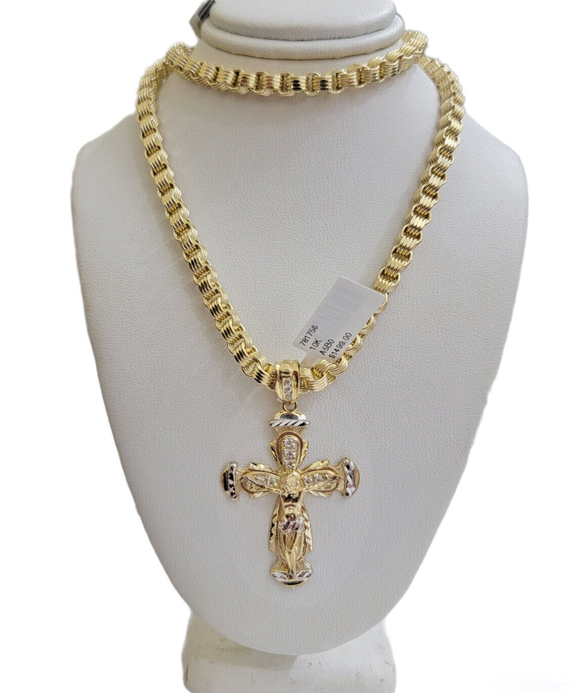 REAL 10k Gold byzantine Chain Cross Pendant Set 5mm Necklace & Jesus Crucifix