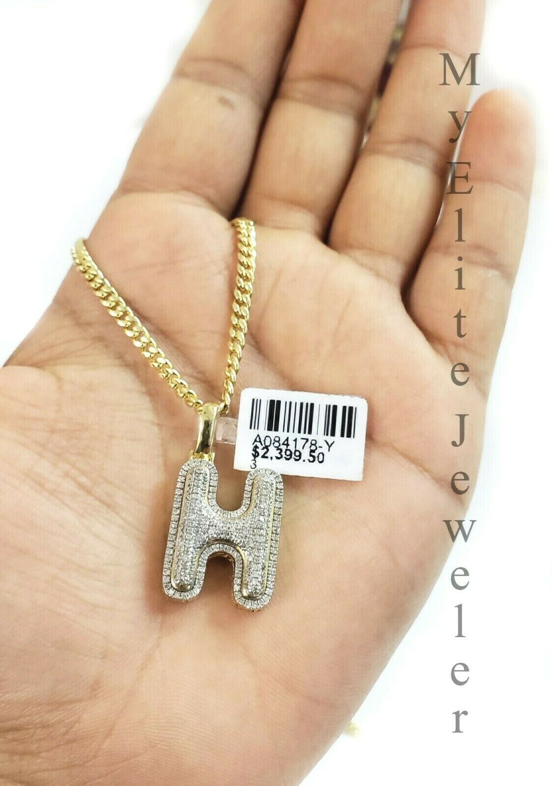 10K Gold Chain Initial H Charm Alphabet Pendant Solid 0.46 CT Diamond Men Ladies