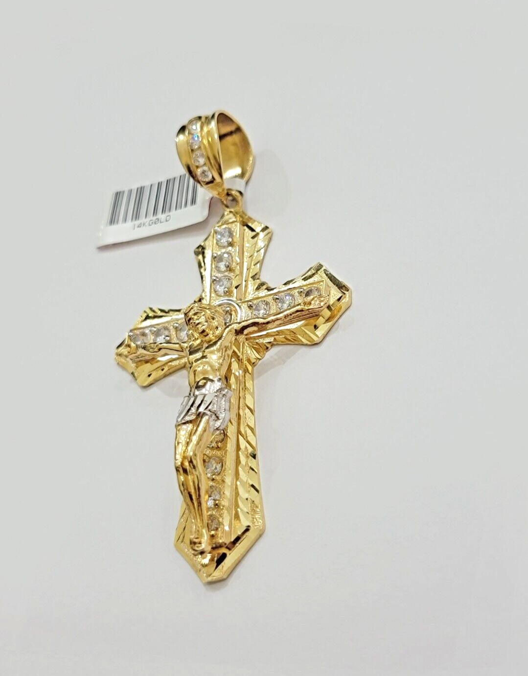 14k Yellow Gold Cross Jesus Crucifix Pendant 3 Inch 14kt CZ Charm Mens REAL 14kt
