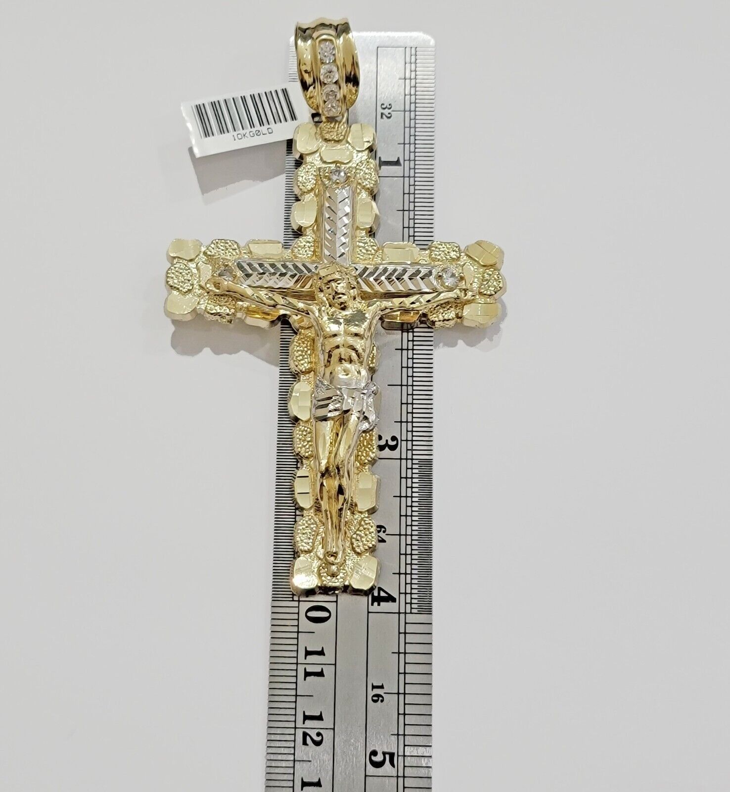 10k Yellow Gold Jesus Cross Charm pendant 4" Inch Mens With Stone, Real 10kt for Sale
