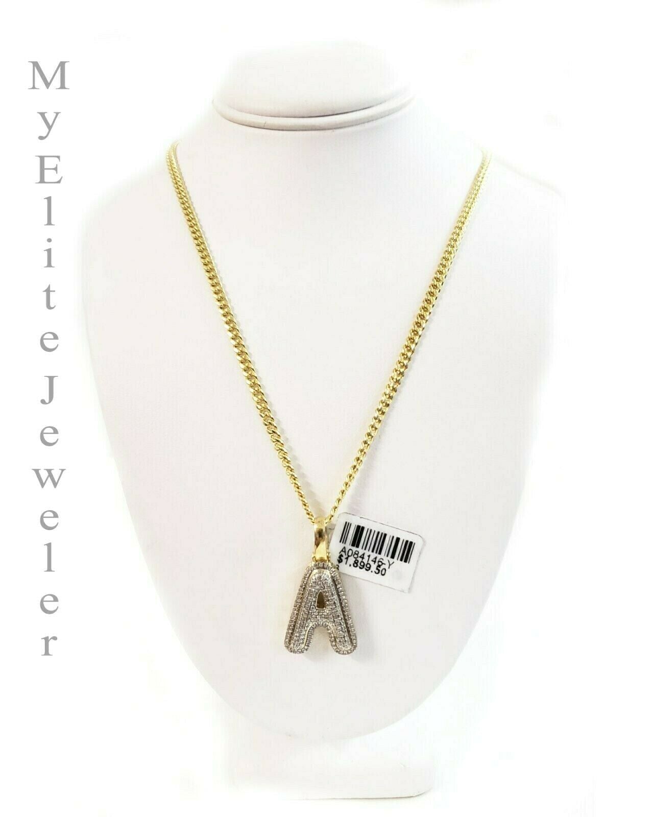 10 K Yellow Gold & 1/3 CT  Bubble Initial A Pendant & 22 Inch Miami Cuban Chain