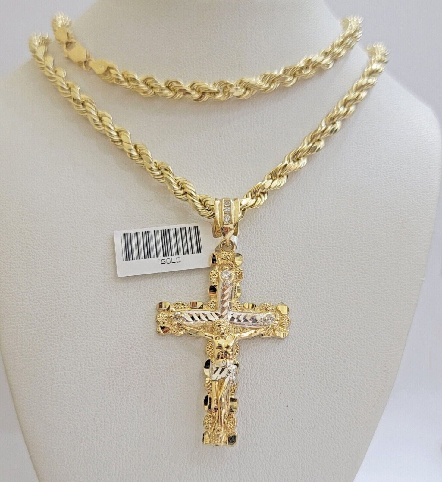 Real 10k Gold Rope Chain 18 inch & Jesus Cross Charm Pendant Set 5mm Necklace