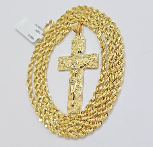 10k Yellow Gold Rope Chain Nugget Cross Charm Set 24 Inch necklace pendant, REAL