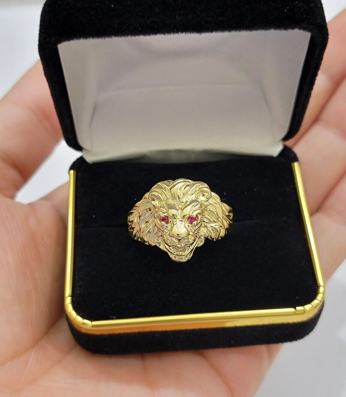 10k Solid Yellow Gold Men's Lion Roaring Ring Casual Style 10kt Red Eye New SALE